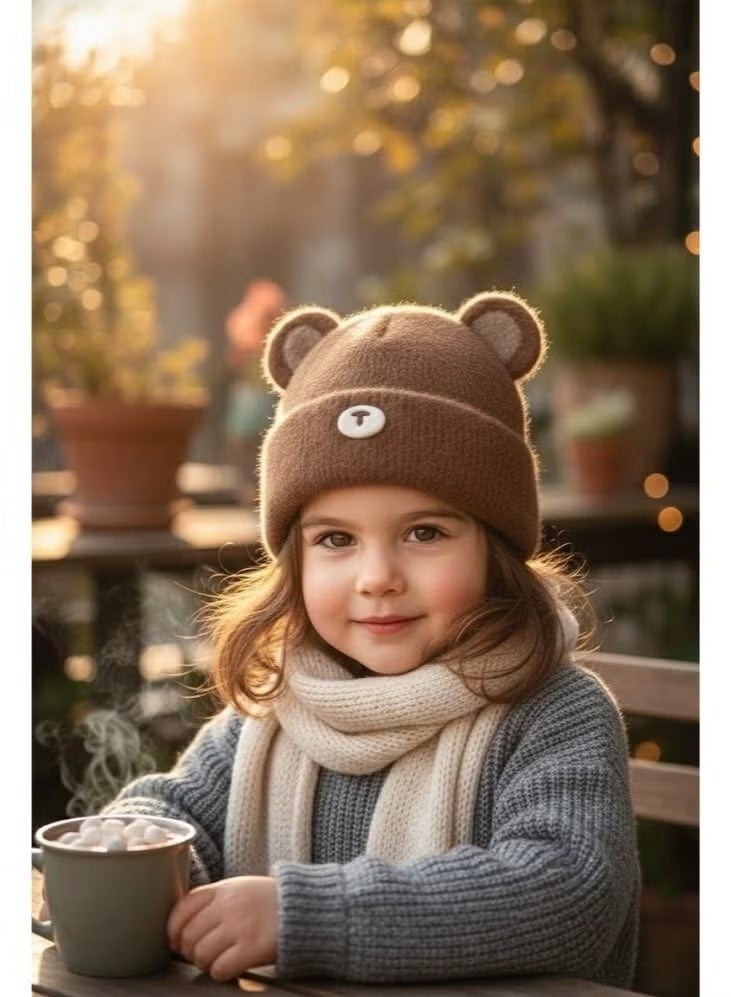 zoba Kids' winter ice cap with a bear design and pop-out ears - a soft and warm mohair hat for boys and girls - available in attractive winter colors (beige, brown) - color chosen at random - Image 1